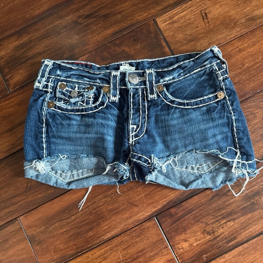 True Religion Blue Distressed Jean Shorts